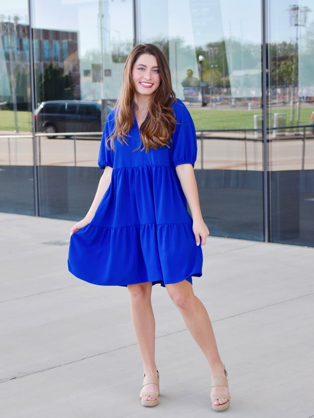 New Women's Jodifl Royal Blue Puff Sleeve Tiered Dress Size Large - Picture 3 of 7